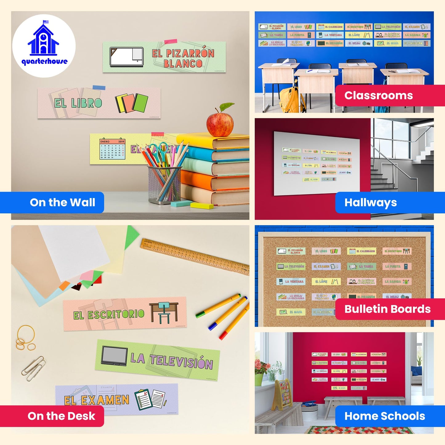 Quarterhouse Spanish Language Labels for Common Classroom Items (Non-Adhesive) Label Set, Spanish - ESL Learning Materials for K-12 Students and Teachers, Set of 18, 12 x 3 Inches, Extra Durable