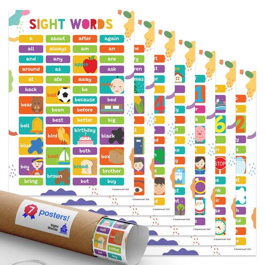 Quarterhouse Sight Words Poster Set, English-Language Arts Classroom Learning Materials for K-12 Students and Teachers, Set of 7, 12x18, Extra Durable