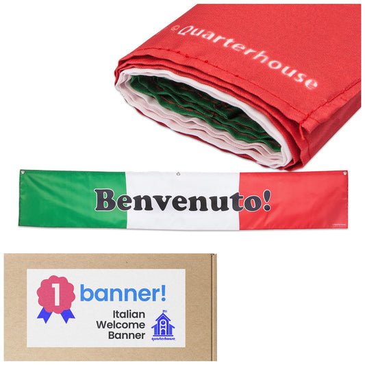 Quarterhouse Italian Welcome Banner for Italian Classrooms, Restaurants, Bilingual Businesses, Special Events - Flag of Italy (Green, White & Red) Background - Polyester, 60 x 10 Inches