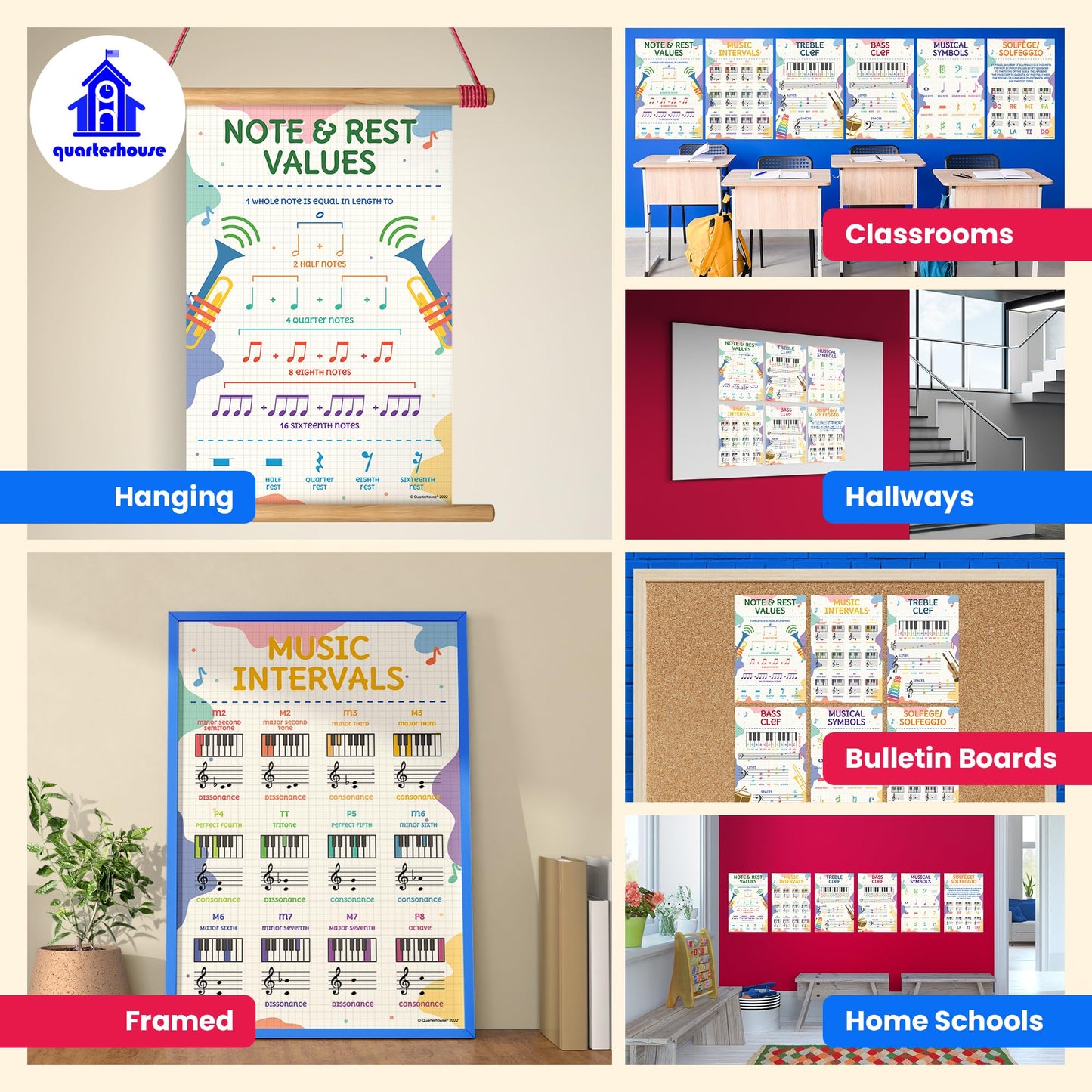 Quarterhouse Music Intervals Poster Set, Music Classroom Learning Materials for K-12 Students and Teachers, Set of 6, 12 x 18 Inches, Extra Durable