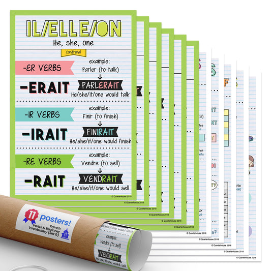 Quarterhouse French Verbs & Beginner Vocabulary (Set G) Poster Set, French Classroom Learning Materials for K-12 Students and Teachers, Set of 11, 12 x 18 Inches, Extra Durable
