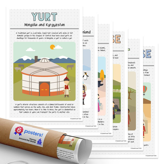 Quarterhouse Homes Around the World Poster Set, Social Studies Classroom Learning Materials for K-12 Students and Teachers, Set of 6, 12 x 18 Inches, Extra Durable