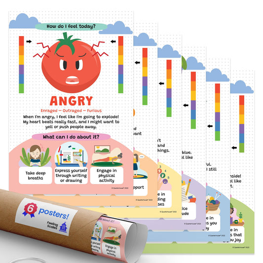 Quarterhouse Feeling Scales Poster Set, Psychology Classroom Learning Materials for K-12 Students and Teachers, Set of 6, 12x18, Extra Durable