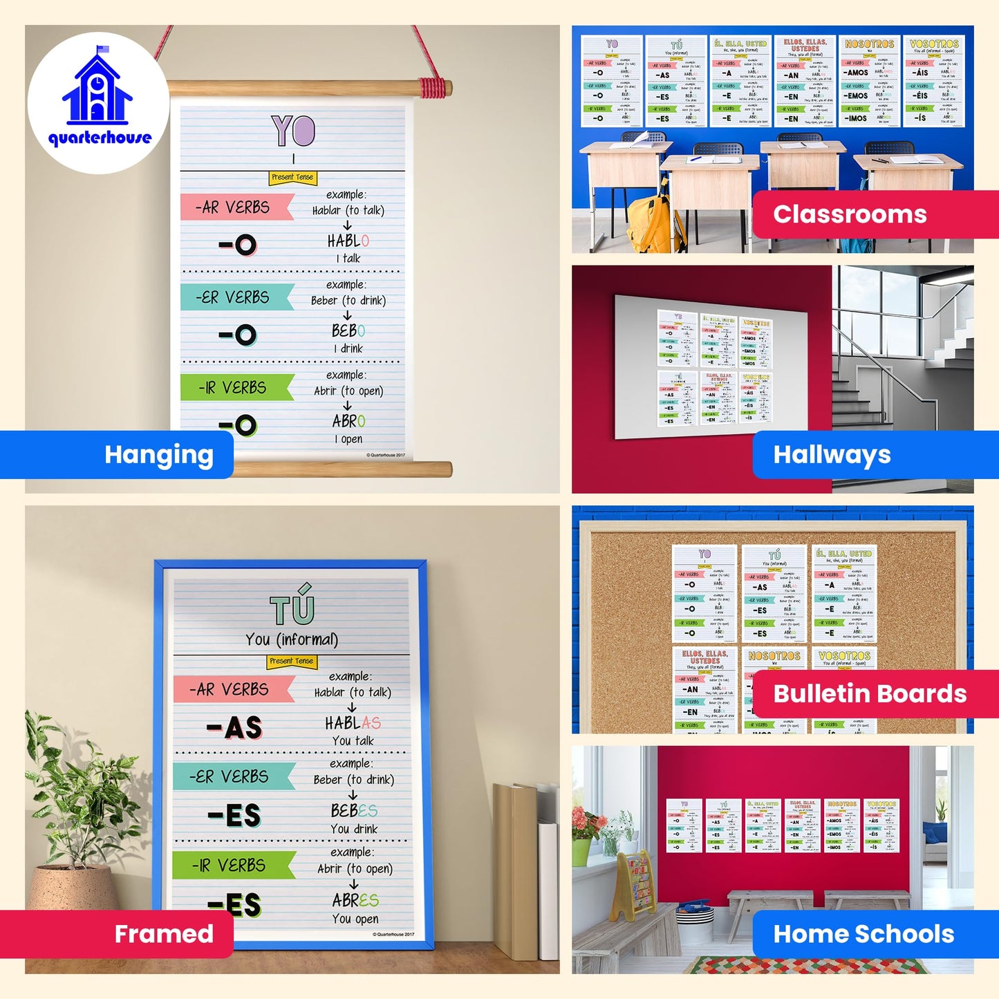 Quarterhouse Spanish Present-Tense Verb Conjugation (Light-Themed) Poster Set, Spanish Classroom Learning Materials for K-12 Students and Teachers, Set of 6, 12 x 18 Inches, Extra Durable