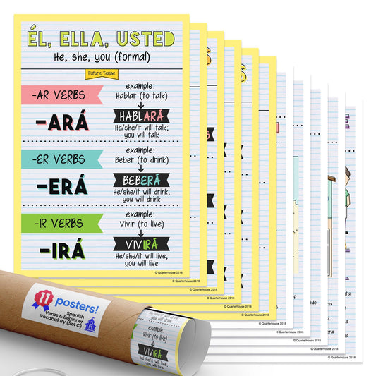 Quarterhouse Spanish Verbs & Beginner Vocabulary (Set C) Poster Set, Spanish Classroom Learning Materials for K-12 Students and Teachers, Set of 11, 12 x 18 Inches, Extra Durable
