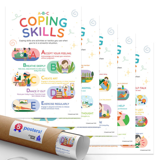 Quarterhouse Coping Skills Poster Set, Psychology Classroom Learning Materials for K-12 Students and Teachers, Set of 5, 12x18, Extra Durable
