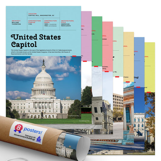 Quarterhouse Famous US Government Buildings Poster Set, Social Studies Classroom Learning Materials for K-12 Students and Teachers, Set of 7, 12 x 18 Inches, Extra Durable