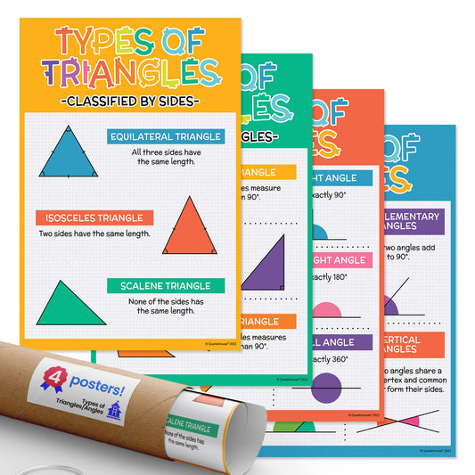 Quarterhouse Types of Triangles/Angles Poster Set, Math Classroom Learning Materials for K-12 Students and Teachers, Set of 4, 12 x 18 Inches, Extra Durable