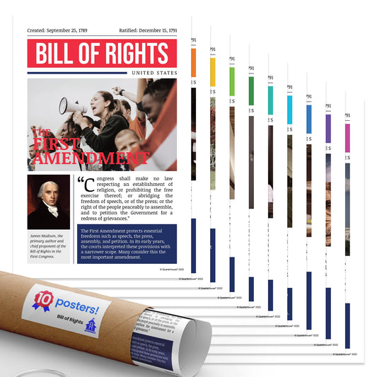 Quarterhouse Bill of Rights Poster Set, Social Studies Classroom Learning Materials for K-12 Students and Teachers, Set of 10, 12x18, Extra Durable