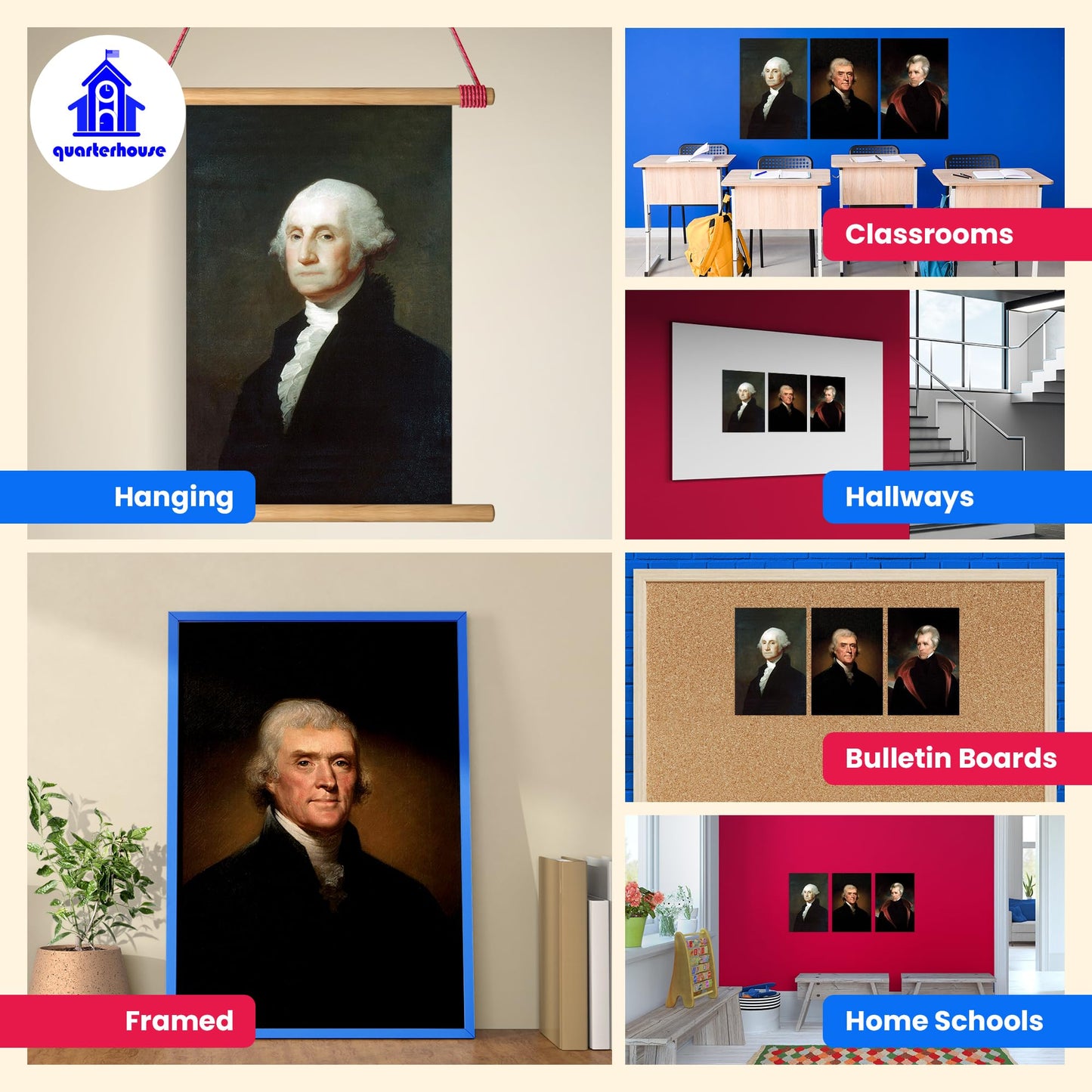 Quarterhouse Early US President Portraits - Washington, Jefferson, and Jackson Poster Set, Social Studies Classroom Learning Materials for K-12 Students and Teachers, Set of 3, 12 x 18 Inches, Extra Durable