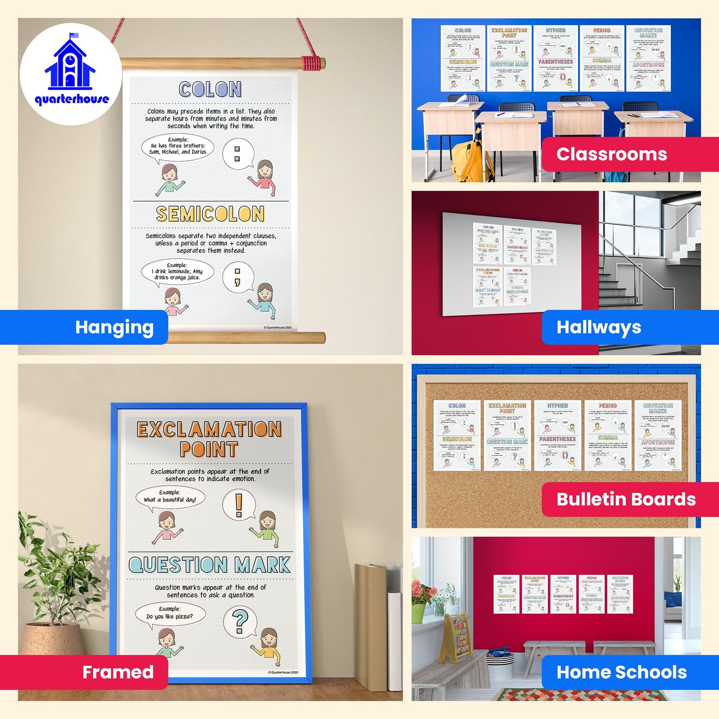 Quarterhouse Punctuation Poster Set, English-Language Arts Classroom Learning Materials for K-12 Students and Teachers, Set of 5, 12 x 18 Inches, Extra Durable