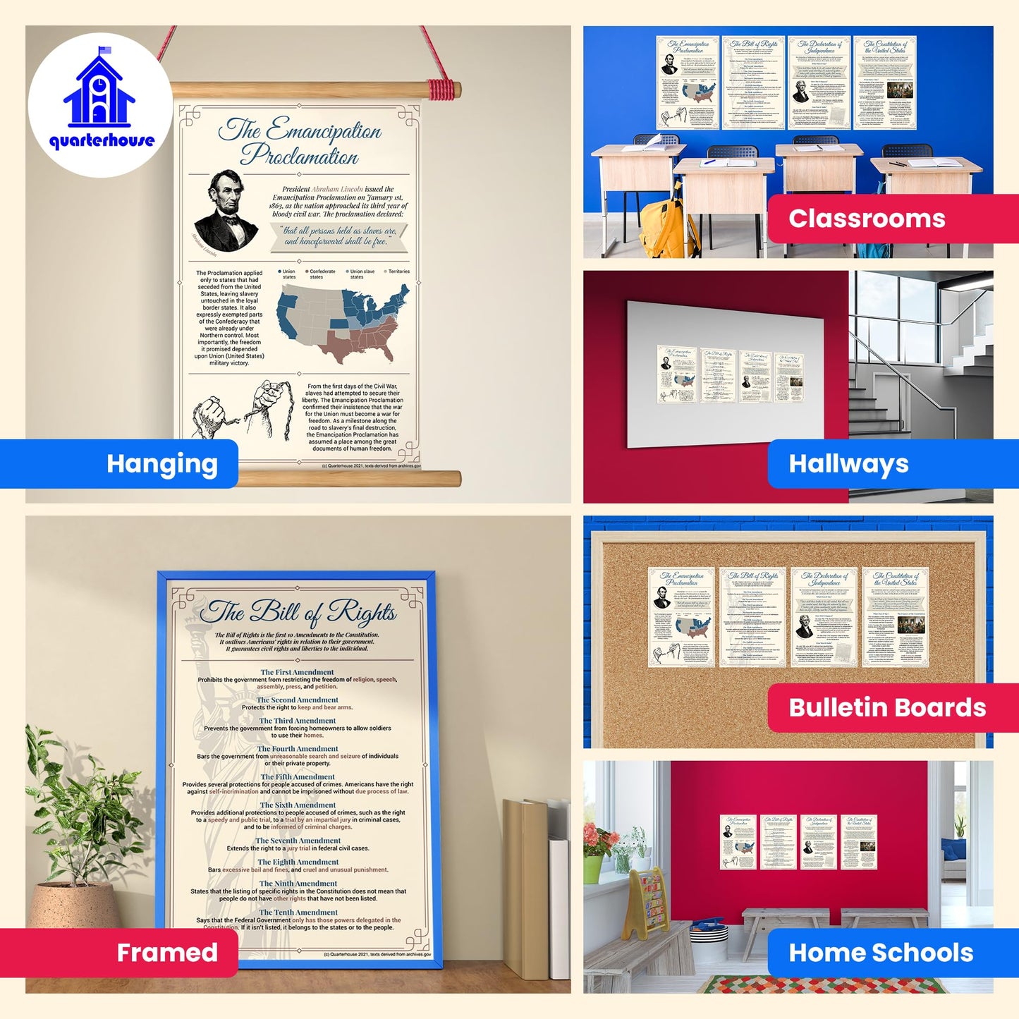 Quarterhouse Important Documents From US History Poster Set, Social Studies Classroom Learning Materials for K-12 Students and Teachers, Set of 4, 12 x 18 Inches, Extra Durable