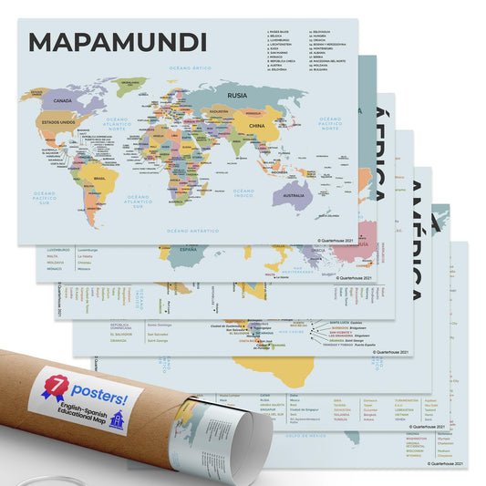 Quarterhouse English-Spanish Educational Map Poster Set, Classroom Learning Materials for K-12 Students and Teachers, Double-Sided, Set of 7, 12 x 18 Inches, Extra Durable