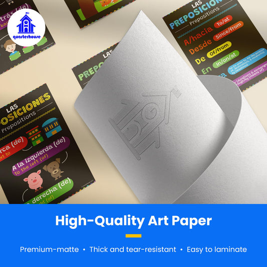 Quarterhouse Spanish Prepositions Poster Set, Spanish - ESL Classroom Learning Materials for K-12 Students and Teachers, Set of 6, 12 x 18 Inches, Extra Durable