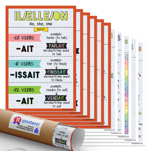 Quarterhouse French Verbs & Beginner Vocabulary (Set H) Poster Set, French Classroom Learning Materials for K-12 Students and Teachers, Set of 11, 12 x 18 Inches, Extra Durable