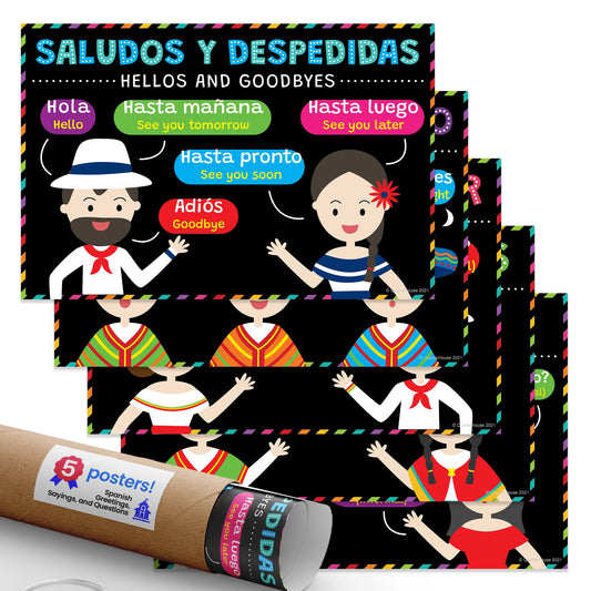 Quarterhouse Spanish Greetings, Sayings, and Questions Poster Set, Spanish - ESL Classroom Learning Materials for K-12 Students and Teachers, Set of 5, 12 x 18 Inches, Extra Durable