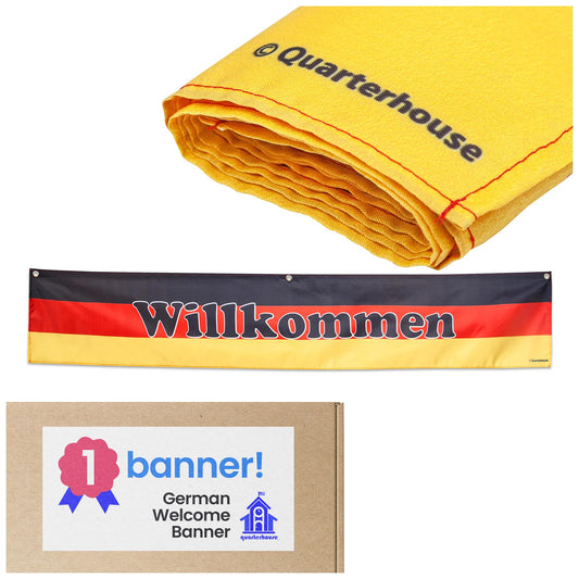 Quarterhouse German Welcome Banner for German Classrooms, Bilingual Businesses, Special Events - Flag of Germany (Black, Red & Yellow) Background - Polyester, 60 x 10 Inches