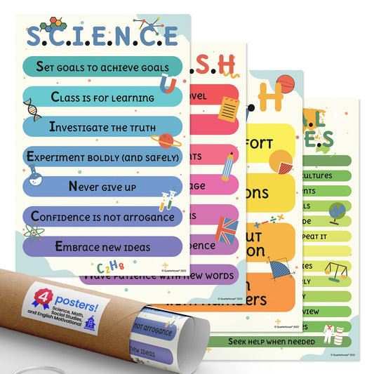 Quarterhouse Science, Math, Social Studies, and English Motivational Poster Set, Elementary Classroom Learning Materials for K-12 Students and Teachers, Set of 4, 12 x 18 Inches, Extra Durable