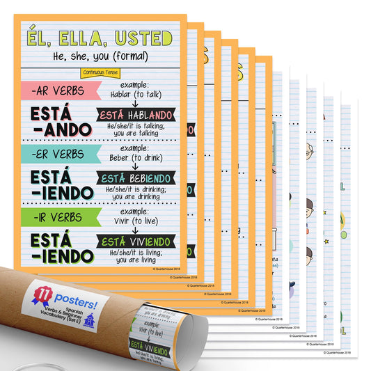 Quarterhouse Spanish Verbs & Beginner Vocabulary (Set E) Poster Set, Spanish Classroom Learning Materials for K-12 Students and Teachers, Set of 11, 12 x 18 Inches, Extra Durable