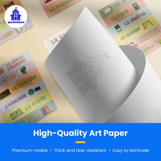 Quarterhouse Common Classroom Items (French) Poster Set, French - ESL Classroom Learning Materials for K-12 Students and Teachers, Set of 4, 12 x 18 Inches, Extra Durable