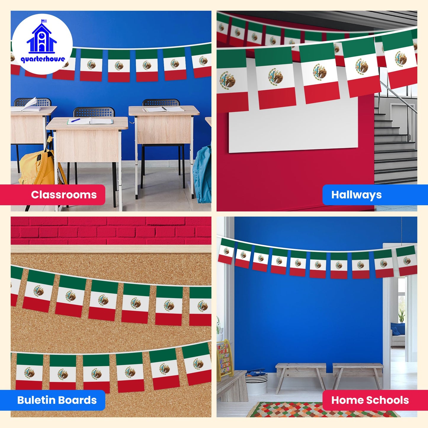 Quarterhouse Mexico Flags - 20 Flags Per String (Repeating) - Polyester, 8 x 12 Inches