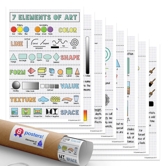 Quarterhouse Elements of Art Poster Set, Art Classroom Learning Materials for K-12 Students and Teachers, Set of 8, 12 x 18 Inches, Extra Durable
