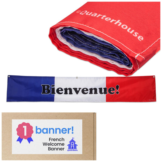 Quarterhouse French Welcome Banner for French Classrooms, Restaurants, Bilingual Businesses, Special Events - Flag of France (Blue, White & Red) Background - Polyester, 60 x 10 Inches