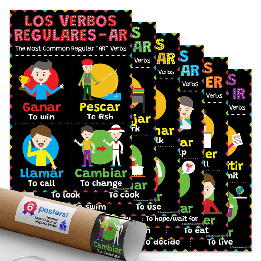 Quarterhouse Spanish Most Common Regular -Ar, -Er, and -Ir Verbs Poster Set, Spanish - ESL Classroom Learning Materials for K-12 Students and Teachers, Set of 6, 12 x 18 Inches, Extra Durable