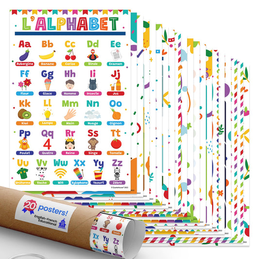 Quarterhouse Extreme Value 20 Large English-French Educational Poster Set, French Classroom Learning Materials for K-12 Students and Teachers, Double-Sided, Set of 20, 12 x 18 Inches, Extra Durable