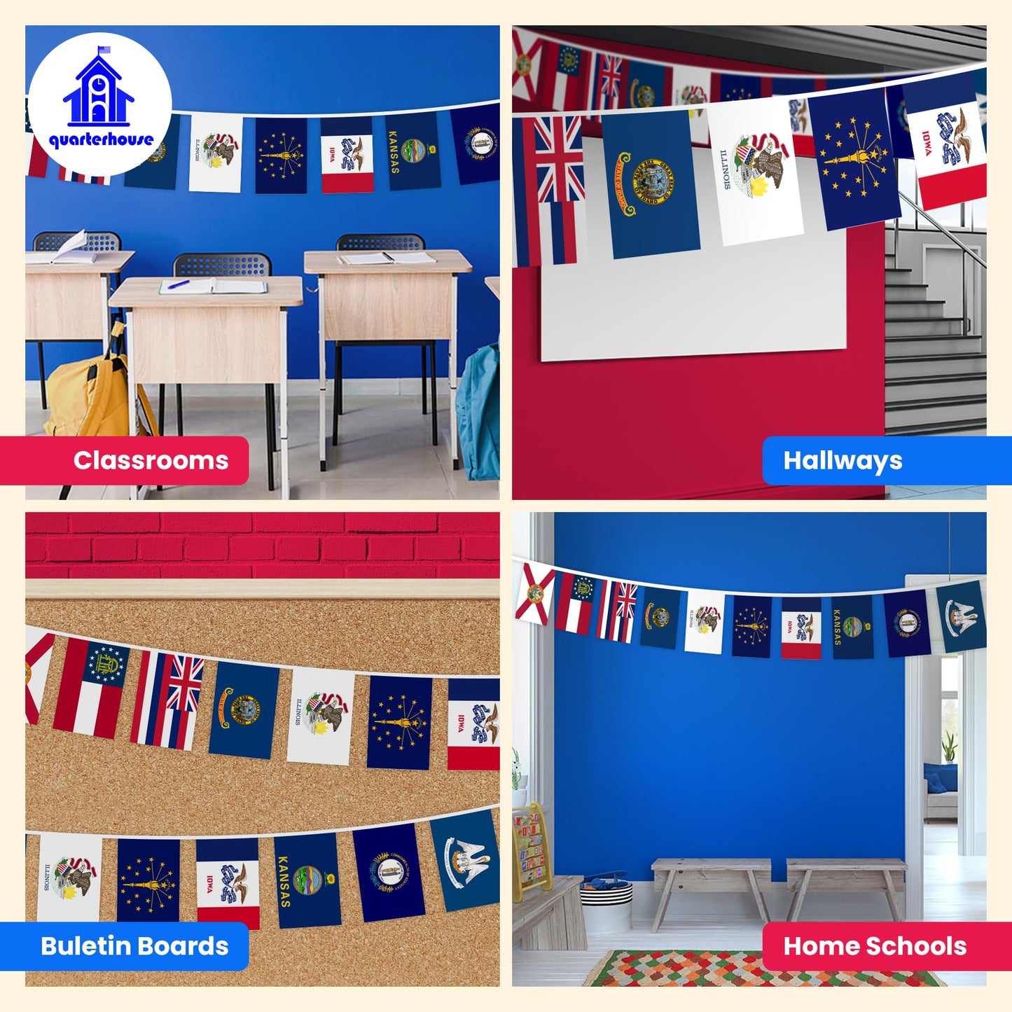 Quarterhouse American State Flags - 25 States (Alabama-Missouri) Per String - Polyester, 8 x 12 Inches