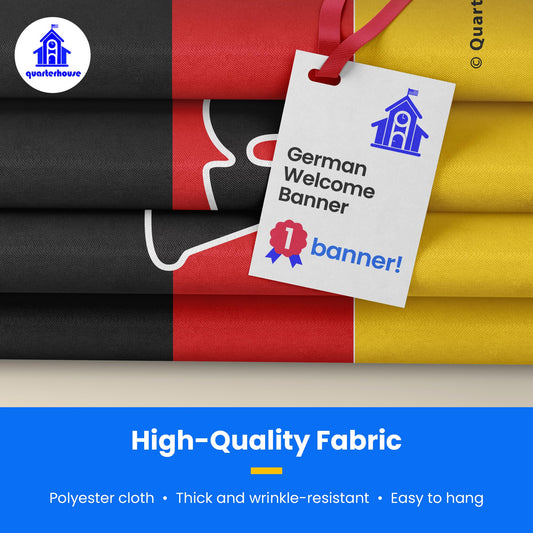 Quarterhouse German Welcome Banner for German Classrooms, Bilingual Businesses, Special Events - Flag of Germany (Black, Red & Yellow) Background - Polyester, 60 x 10 Inches