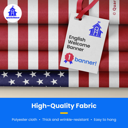 Quarterhouse English Welcome Banner for ESL Classrooms, Bilingual Businesses, Special Events - Flag of The United States (Red, White & Blue) Background - Polyester, 60 x 10 Inches