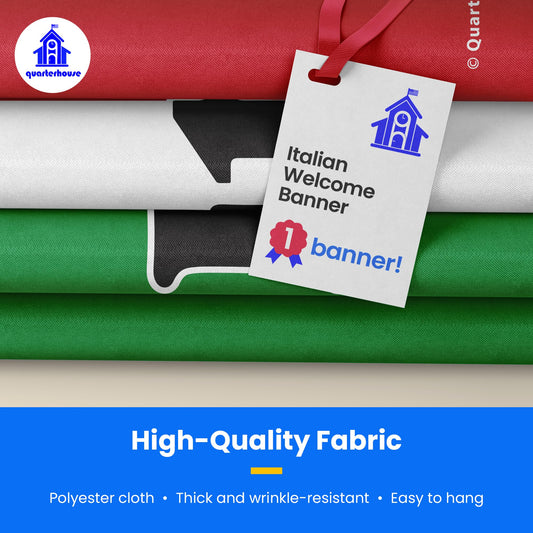 Quarterhouse Italian Welcome Banner for Italian Classrooms, Restaurants, Bilingual Businesses, Special Events - Flag of Italy (Green, White & Red) Background - Polyester, 60 x 10 Inches