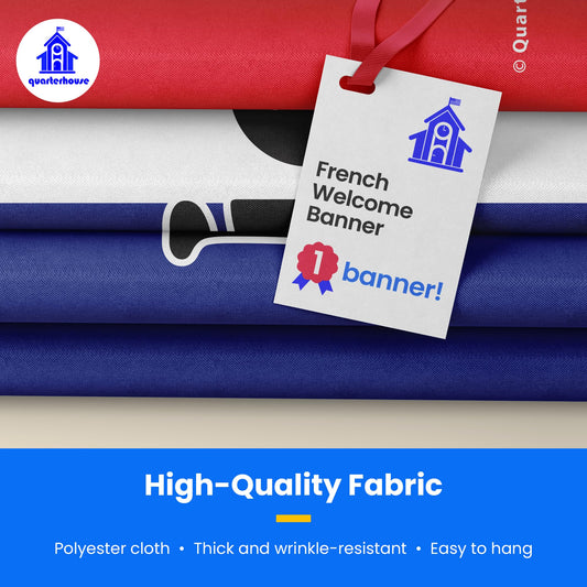 Quarterhouse French Welcome Banner for French Classrooms, Restaurants, Bilingual Businesses, Special Events - Flag of France (Blue, White & Red) Background - Polyester, 60 x 10 Inches