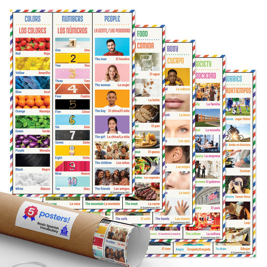 Quarterhouse Basic Spanish Vocabulary Poster Set, Spanish - ESL Classroom Learning Materials for K-12 Students and Teachers, Set of 5, 12 x 18 Inches, Extra Durable