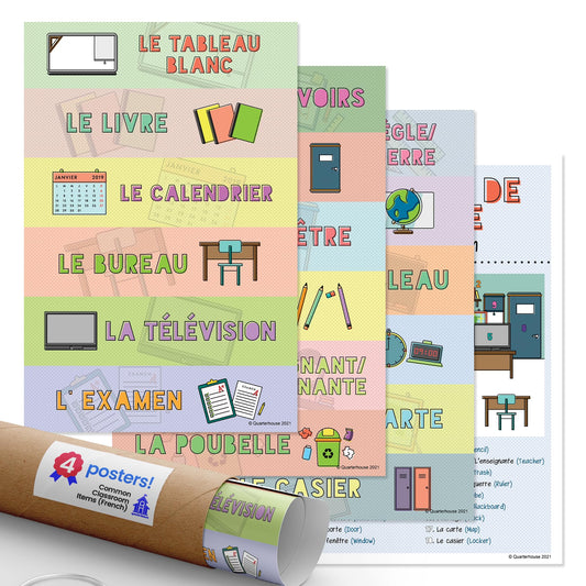 Quarterhouse Common Classroom Items (French) Poster Set, French - ESL Classroom Learning Materials for K-12 Students and Teachers, Set of 4, 12 x 18 Inches, Extra Durable