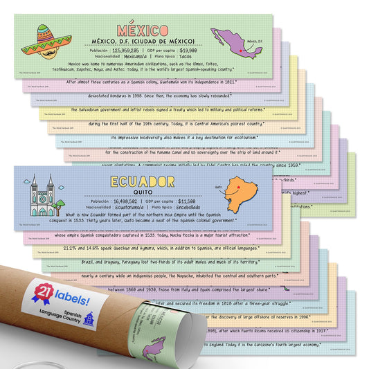 Quarterhouse Spanish Language Country Labels - 18 Latin American Countries Plus (New) Spain, Puerto Rico, and Equatorial Guinea - Non-Adhesive Label Set, Spanish Learning Materials for K-12 Students and Teachers, Set of 21, 12 x 3 Inches, Extra Durable