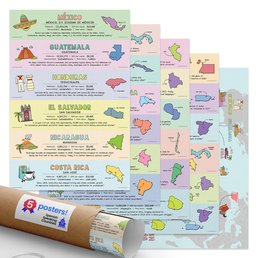 Quarterhouse Spanish-Speaking Countries (with Map) Poster Set for the Classroom - 18 Latin American Countries Plus (New) Spain, Puerto Rico, and Equatorial Guinea - Spanish/ESL Classroom Learning Materials for K-12 Students and Teachers, Set of 5, 12 x...