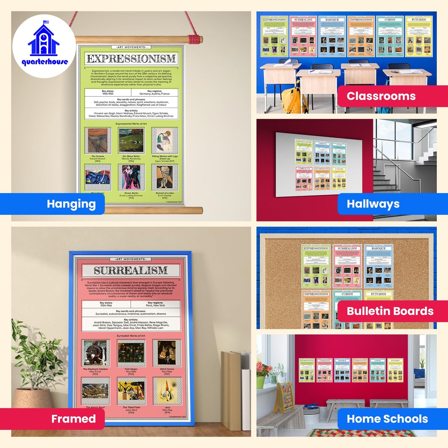Quarterhouse Art Movements Poster Set, Art Classroom Learning Materials for K-12 Students and Teachers, Set of 6, 12 x 18 Inches, Extra Durable