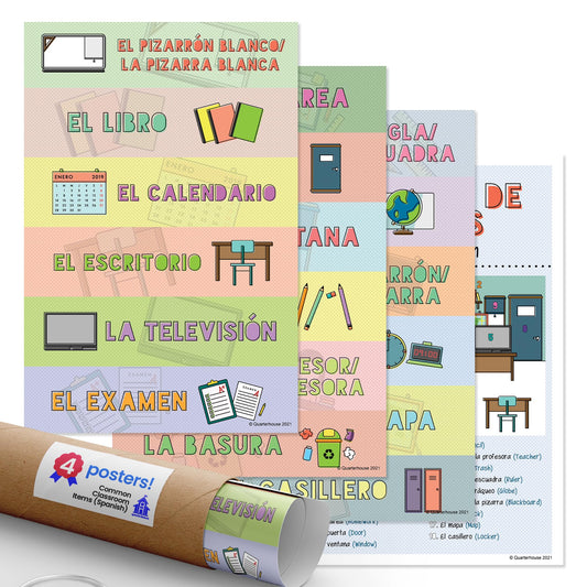 Quarterhouse Common Classroom Items (Spanish) Poster Set, Spanish - ESL Classroom Learning Materials for K-12 Students and Teachers, Set of 4, 12 x 18 Inches, Extra Durable
