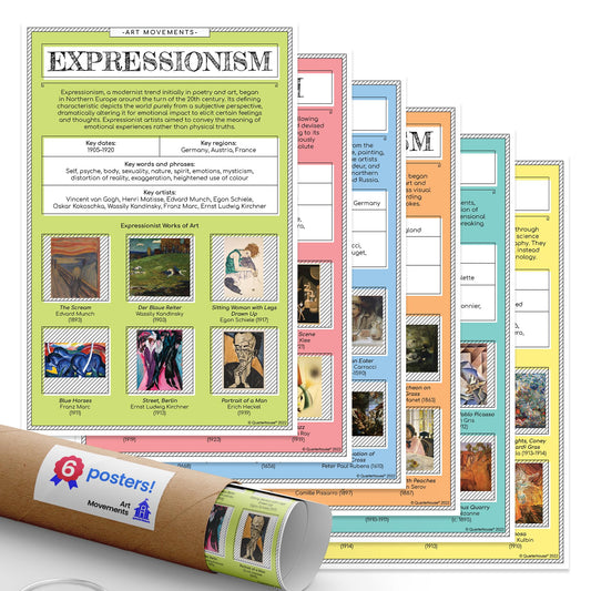 Quarterhouse Art Movements Poster Set, Art Classroom Learning Materials for K-12 Students and Teachers, Set of 6, 12 x 18 Inches, Extra Durable