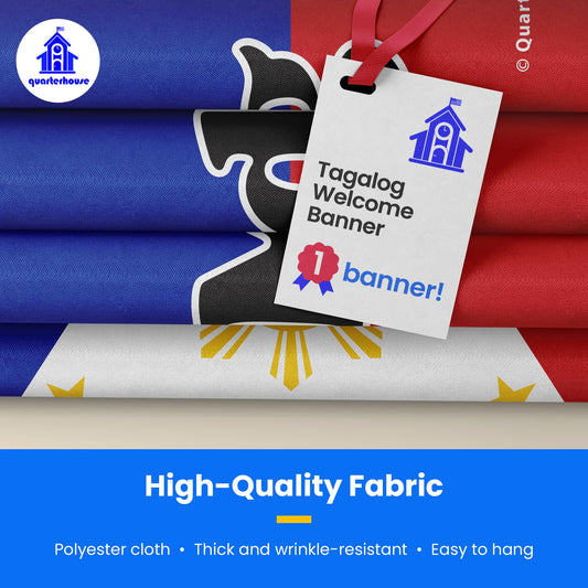 Quarterhouse Tagalog Welcome Banner for Filipino Classrooms, Bilingual Businesses, Special Events - Flag of the Philippines (Blue, Red, White & Yellow) Background - Polyester, 60 x 10 Inches