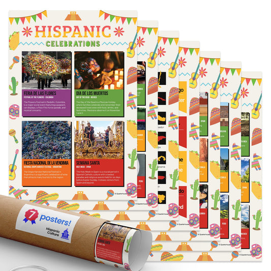 Quarterhouse Hispanic Culture Poster Set, Spanish - ESL Classroom Learning Materials for K-12 Students and Teachers, Set of 8, 12x18, Extra Durable