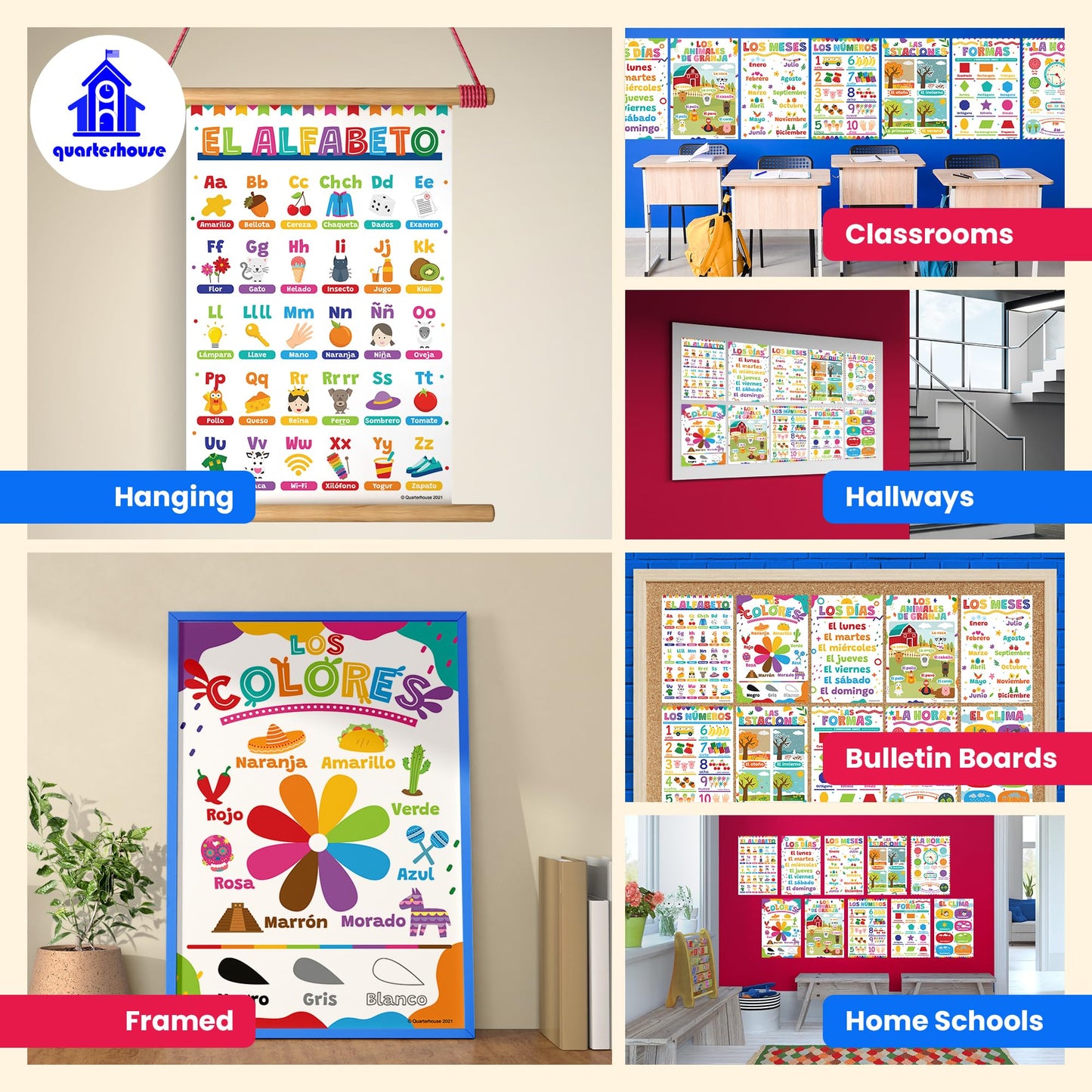 Quarterhouse Extreme Value 20 Large English-Spanish Educational Posters, Learning Materials for Toddlers and Kids, Double-Sided, 12x18, Includes Days, Months, ABCs, Numbers, and Colors