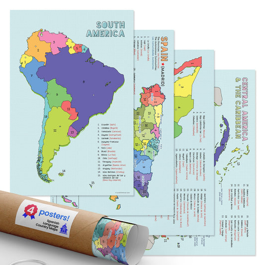 Quarterhouse Spanish Language Country Maps for the Classroom - Spain, Mexico, Central America/Caribbean, & South America Poster Set, Spanish Classroom Learning Materials for K-12 Students and Teachers, Set of 4, 12 x 18 Inches, Extra Durable