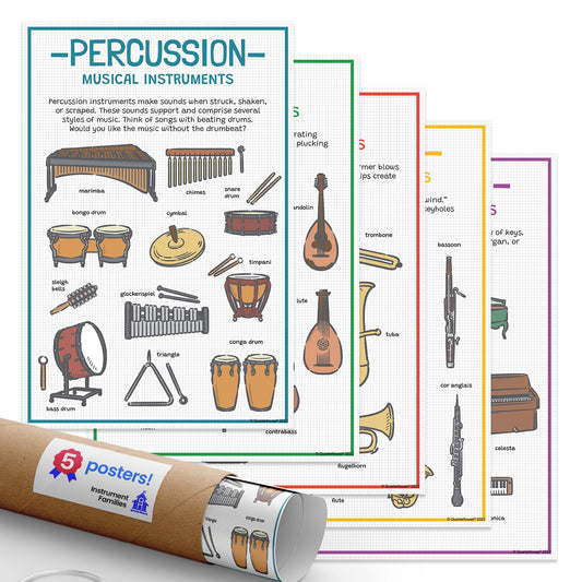Quarterhouse Instrument Families Poster Set, Music Classroom Learning Materials for K-12 Students and Teachers, Set of 5, 12 x 18 Inches, Extra Durable