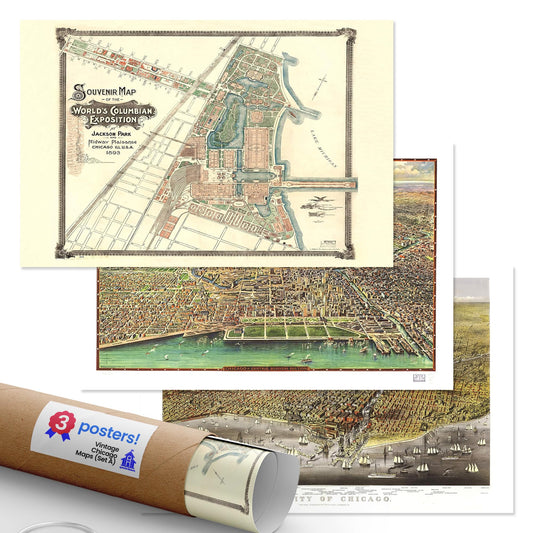Quarterhouse Vintage Chicago Maps (Set A) Poster Set, Social Studies Classroom Learning Materials for K-12 Students and Teachers, Set of 3, 12 x 18 Inches, Extra Durable