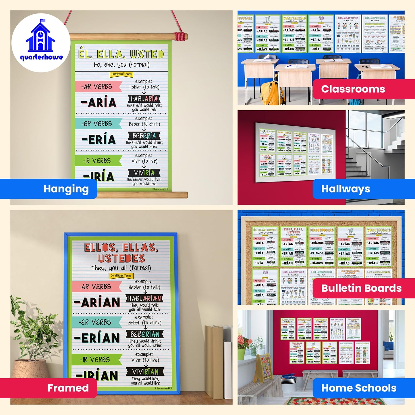 Quarterhouse Spanish Verbs & Beginner Vocabulary (Set G) Poster Set, Spanish Classroom Learning Materials for K-12 Students and Teachers, Set of 11, 12 x 18 Inches, Extra Durable