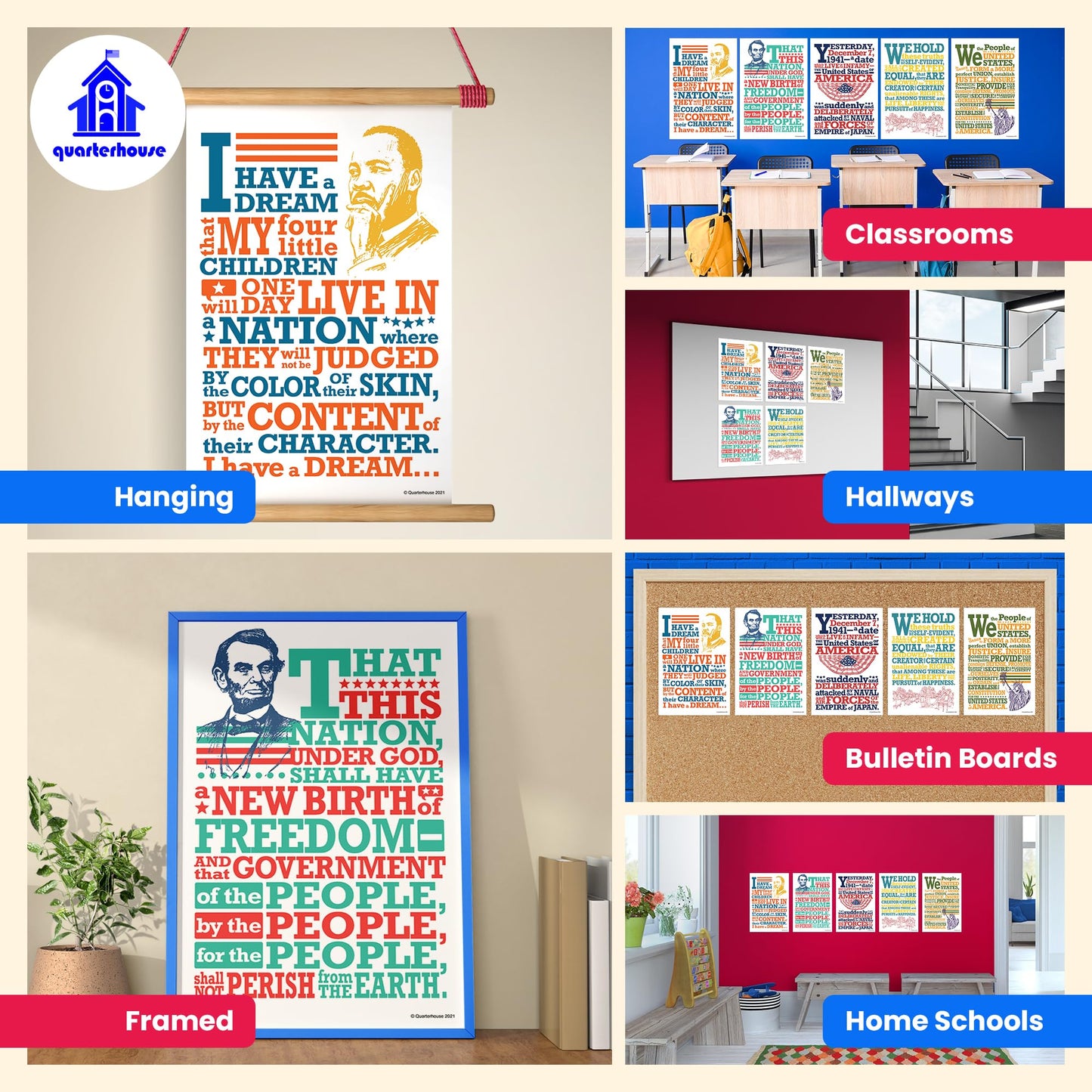 Quarterhouse Famous Speeches and Declarations from U.S. History Poster Set, Social Studies Classroom Learning Materials for K-12 Students and Teachers, Set of 4, 12 x 18 Inches, Extra Durable