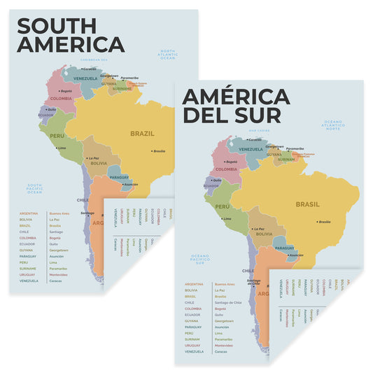 Quarterhouse English-Spanish Educational Map - South America (América Del Sur) Poster, Spanish and ESL Classroom Materials for Teachers